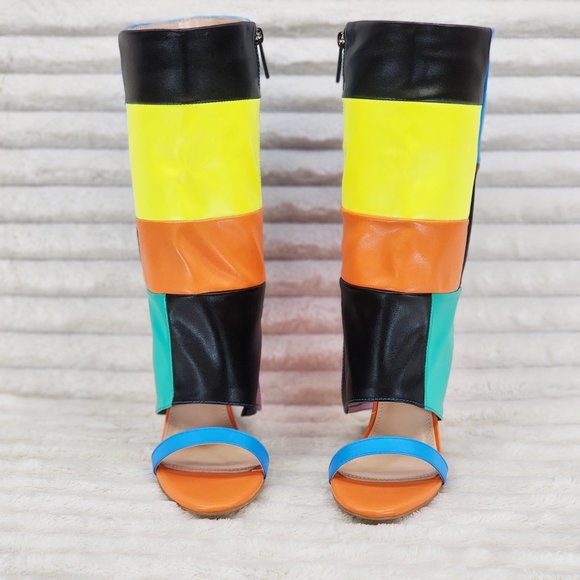 Paris Color Block Stiletto Fold Over Skirted Shootie Boot Sandals - Picture 12 of 15